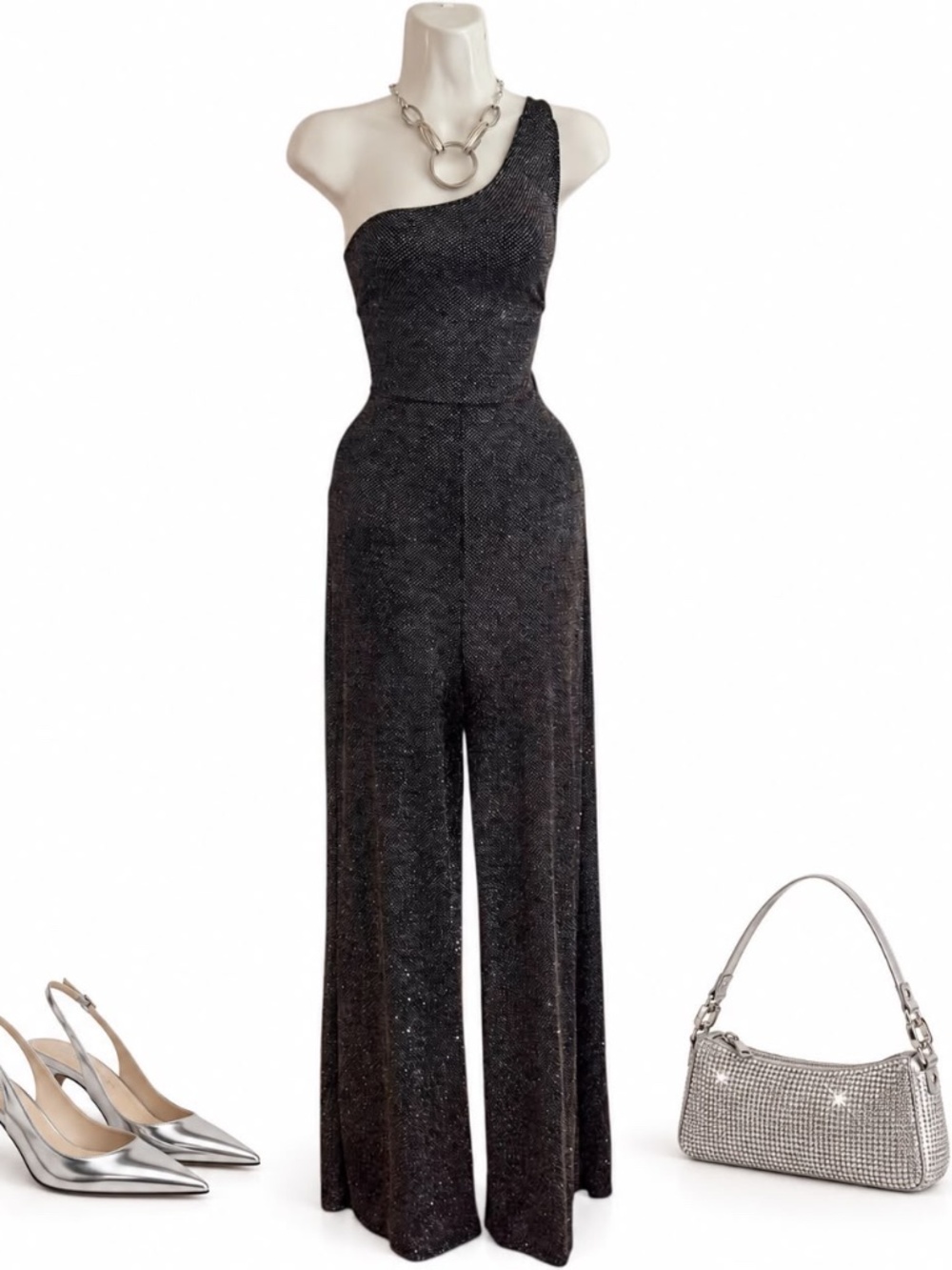 Lovely Day Black Glitter One Shoulder Open Back Jumpsuit M
